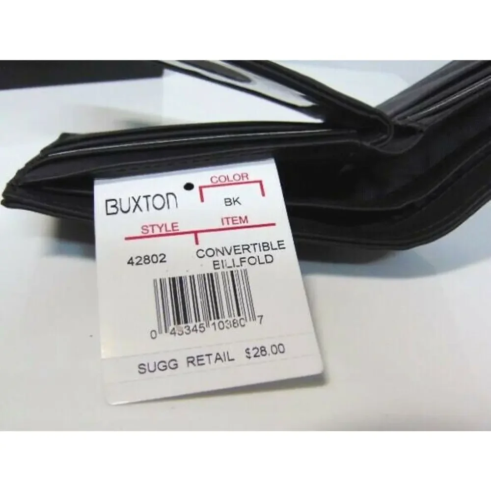 Mens CONVERTIBLE BILLFOLD + PASSCASE WALLET Buxton Black Faux Leather RFID NEW